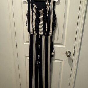 Enfocus Sleeveless Black & White Vertical Stripe Jumpsuit